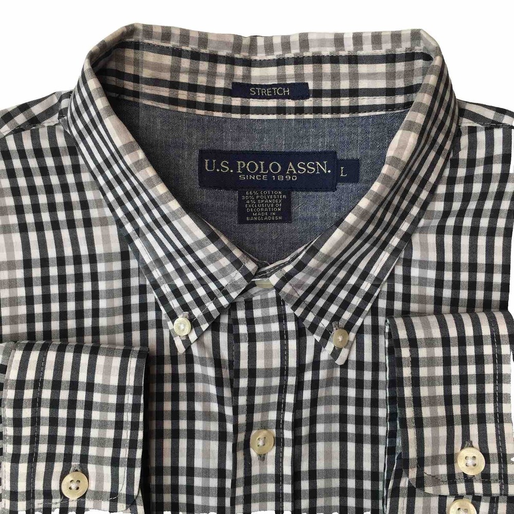 US Polo Assn Men's Shirt Size L Black/Gray Check Stretch Button Up Long Sleeve